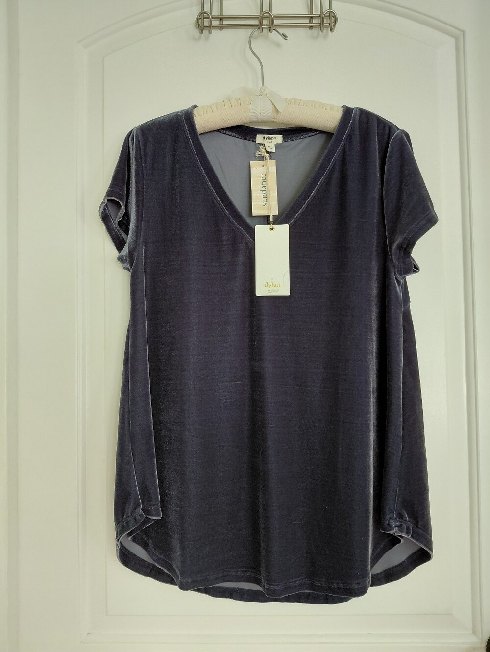 Sundance Catalog Dylan Velvet V-Neck Swing Top —Dusk Blue — Lazer Cut Hem/Cuffs